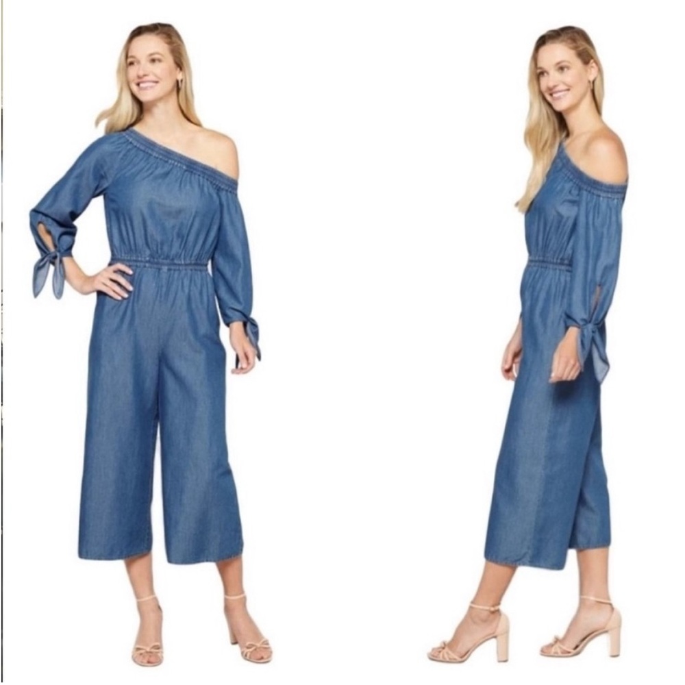 Michael Kors Women's Off The Shoulder Cropped Jumpsuit Blue Size Large NWOT